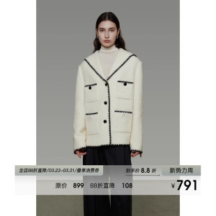 UNSPOKEN海军领羊毛外套女冬季 原创设计感宽松撞色小香风呢子大衣