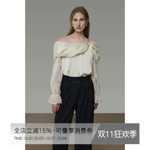UNSPOKEN法式一字领衬衫女露肩气质长袖显瘦设计感小众一字肩上衣