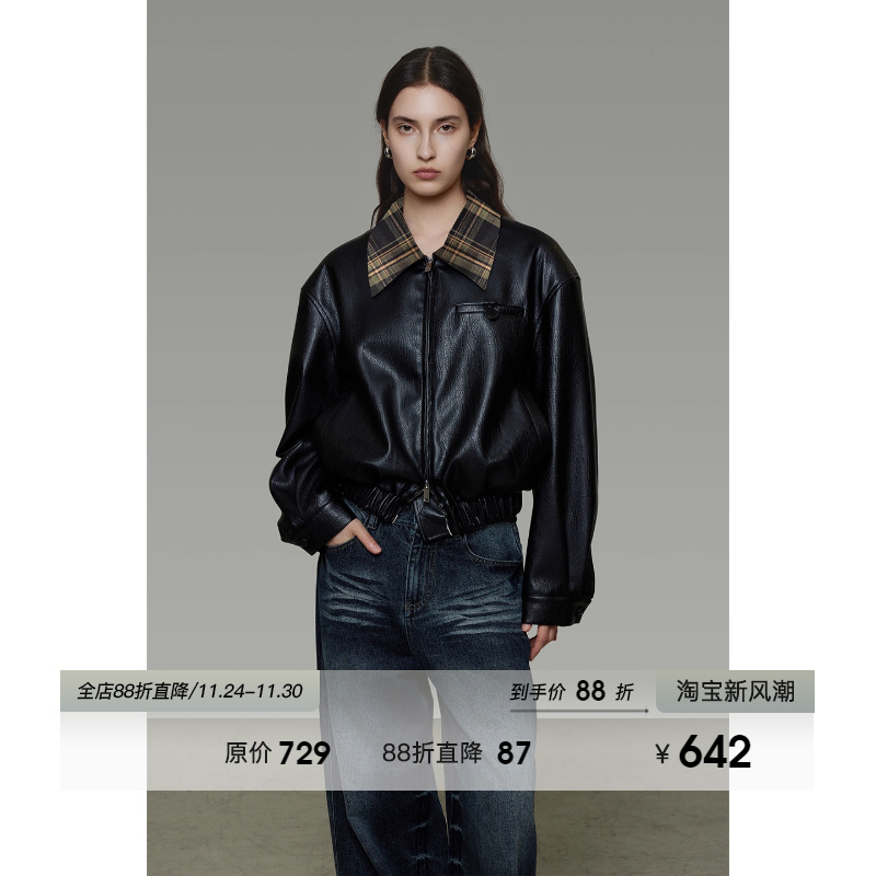 UNSPOKEN经典格纹拼接翻领皮衣外套女秋季宽松设计感短款机车夹克