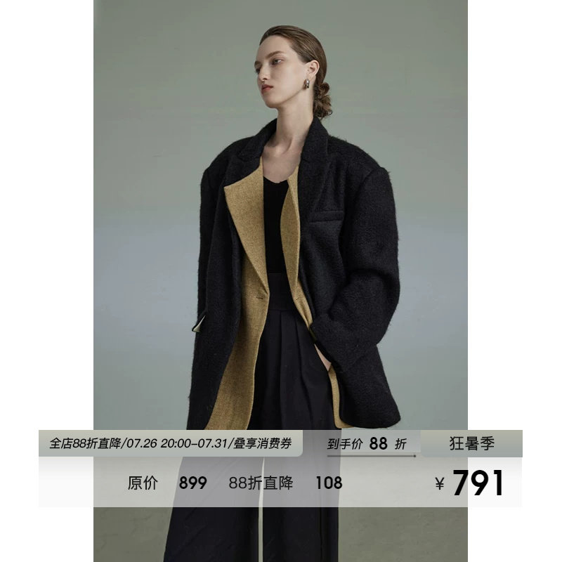 UNSPOKEN黑色加厚毛呢西装外套女冬季保暖防风高级感宽松呢子大衣