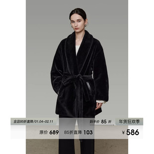 UNSPOKEN浴袍式V领系带中长款皮毛一体女冬季加绒环保仿皮草外套