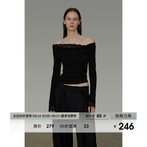 UNSPOKEN蕾丝拼接一字肩针织衫女2026秋季新款简约高级感修身上衣
