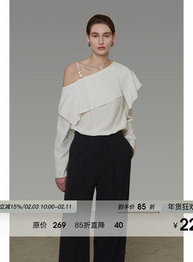 UNSPOKEN米白色衬衫女斜肩设计感长袖宽松气质法式高级感露肩衬衣