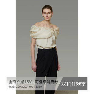 UNSPOKEN一字肩衬衫女短袖小众设计感法式定点堆领松弛感气质上衣