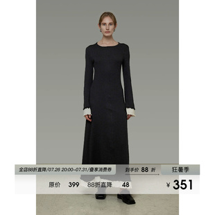 UNSPOKEN撞色喇叭袖长袖连衣裙女秋季2026新款修身显瘦高级感长裙