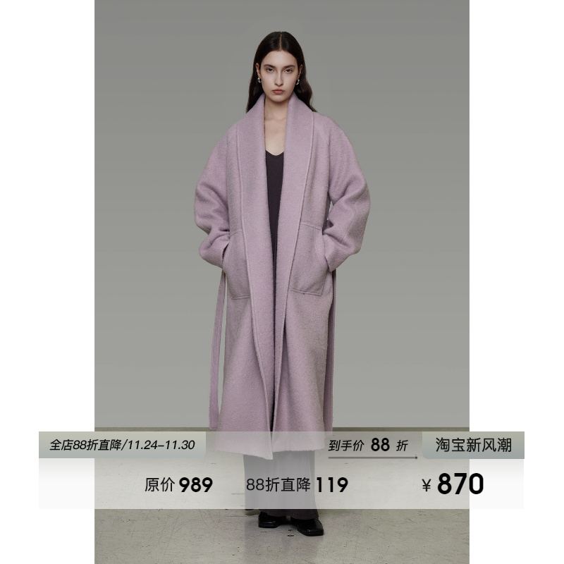 UNSPOKEN大翻领毛呢大衣女冬季2025新款慵懒松弛感长款羊毛外套