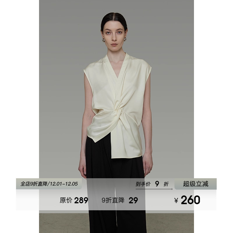 UNSPOKEN法式腰部纽结V领衬衫女2025夏季新款高级感气质无袖上衣