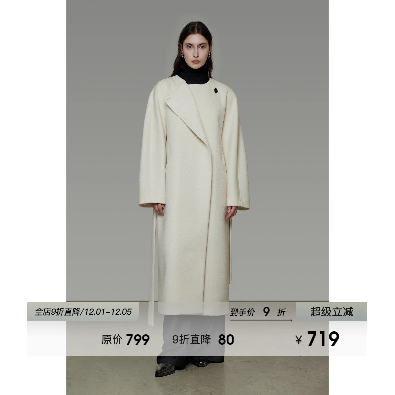 UNSPOKEN极简一粒扣系带毛呢外套女冬季气质高级感长款绵羊毛大衣