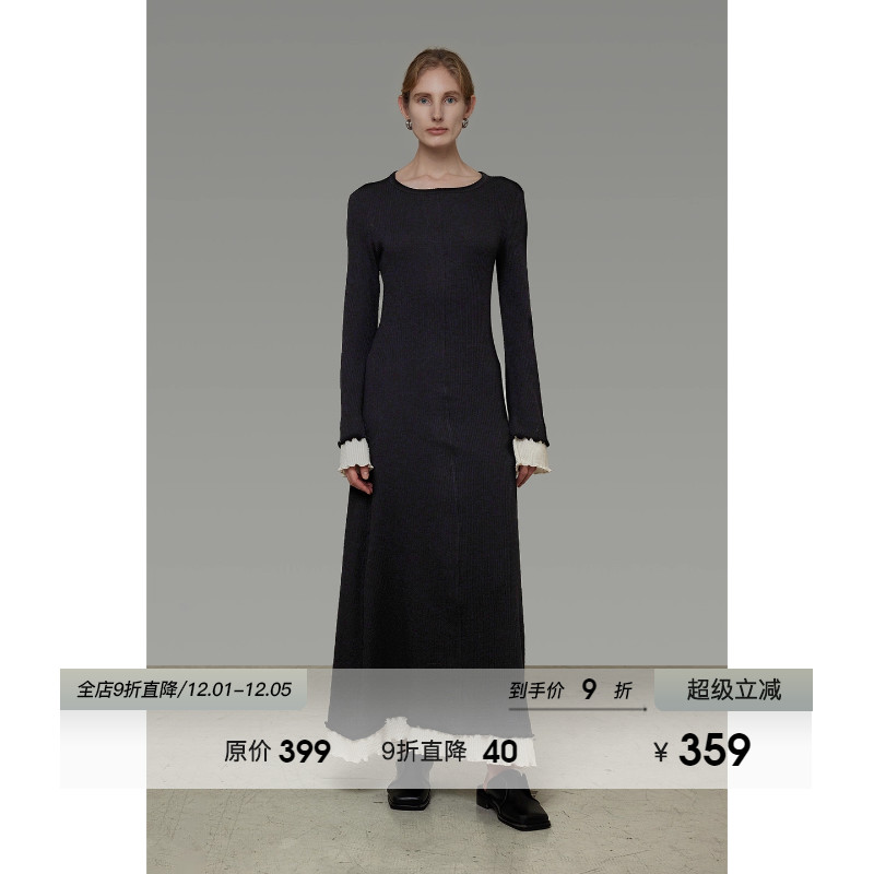 UNSPOKEN撞色喇叭袖长袖连衣裙