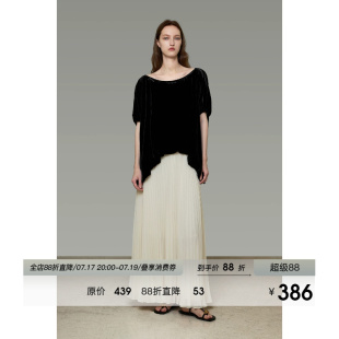 UNSPOKEN法式黑色丝绒上衣女高腰A字半身裙百褶长裙高级感两件套