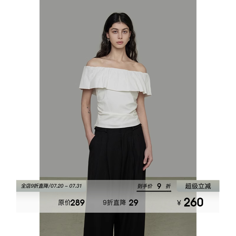 UNSPOKEN波浪一字肩短袖T恤女2025夏季新款时尚简约设计感上衣