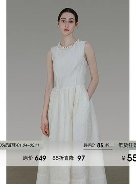 UNSPOKEN珍珠领连衣裙提花高级感收腰设计感小众无袖气质法式长裙