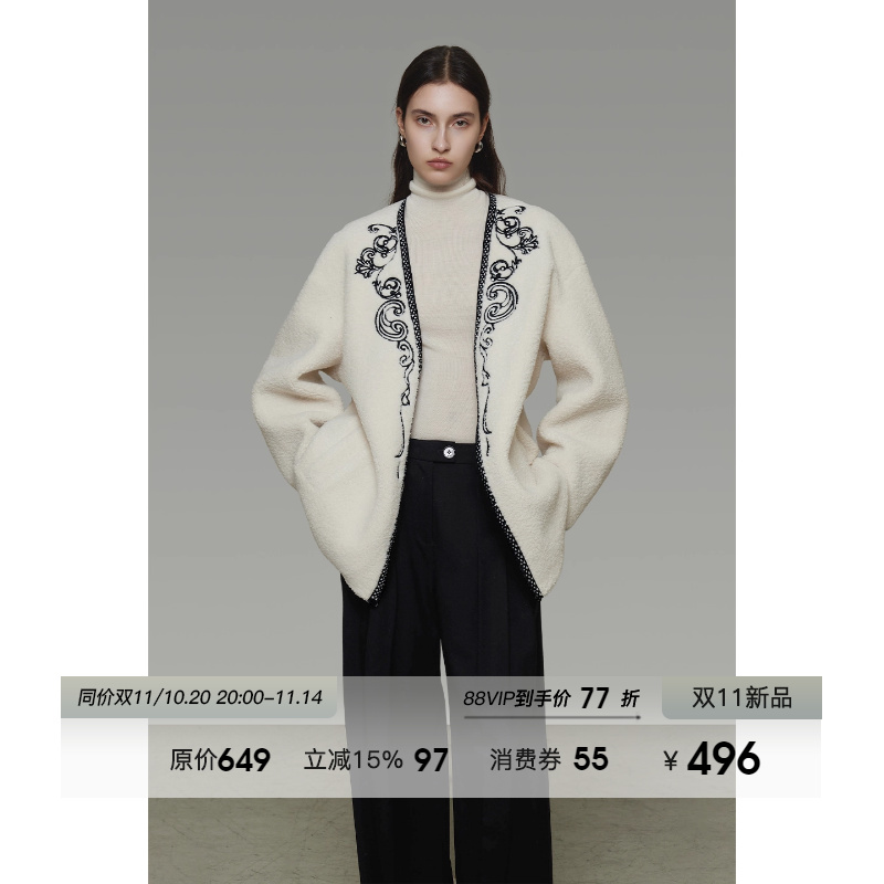 UNSPOKEN刺绣V领短款毛呢外套女冬季2025新款宽松廓型设计感大衣
