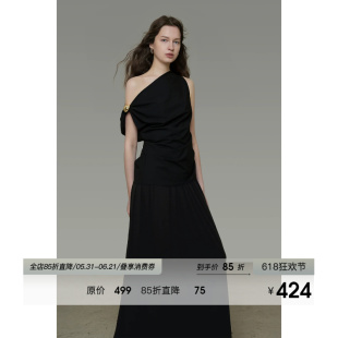 UNSPOKEN法式黑色连衣裙斜肩收腰金属扣小众高级感A字裙显瘦长裙