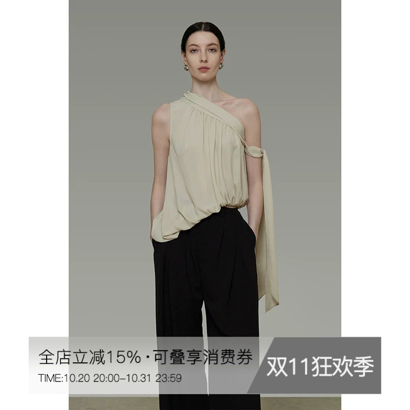 UNSPOKEN法式不规则斜肩上衣女夏季无袖外穿设计感飘带背心吊带
