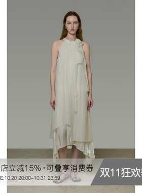 UNSPOKEN法式无袖连衣裙女气质夏季荷叶边露肩小众百搭高级感长裙