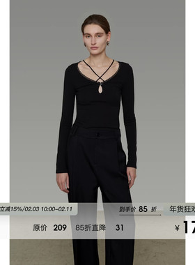 UNSPOKEN黑色交叉领针织上衣女修身高级小众长袖上衣2026春装新款