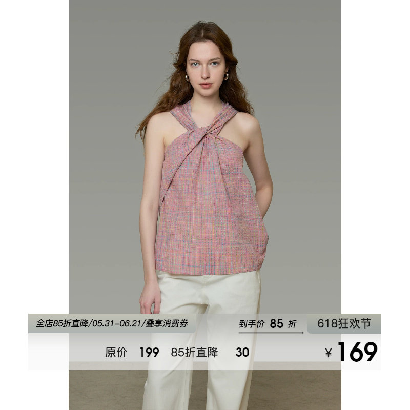 UNSPOKEN挂脖吊带上衣女格子法式扭结小众设计感气质背心女夏外穿