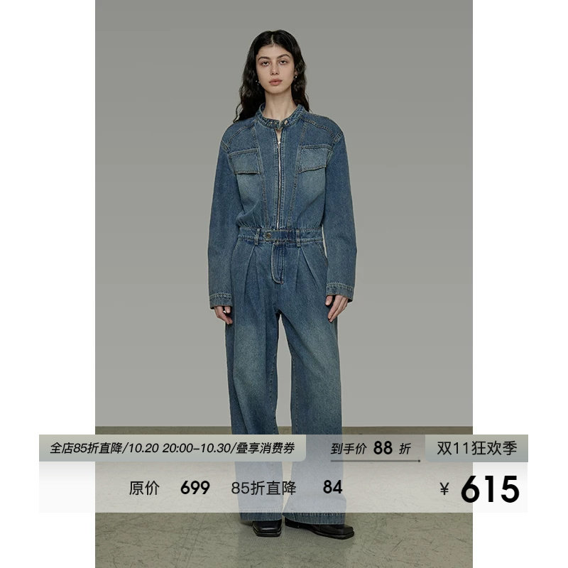 UNSPOKEN复古高级感牛仔连体衣女2026年秋季新款宽松百搭简约法式