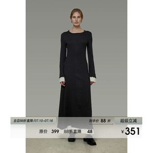 UNSPOKEN撞色喇叭袖长袖连衣裙女秋季2026新款修身显瘦高级感长裙