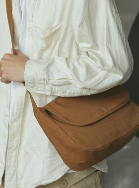 sobag橙色日系简约通勤斜挎帆布包男中性复古单肩街头潮酷邮差包