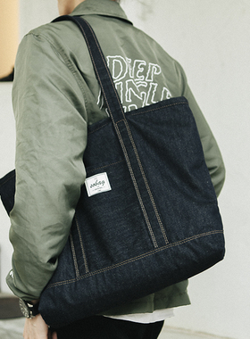 sobag日系中性大容量帆布单肩包百搭男不褪色牛仔蓝通勤托特大包