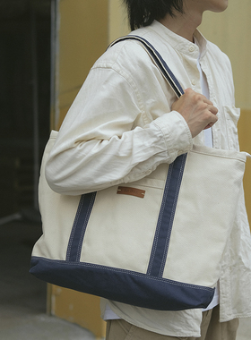sobag日系藤原浩U家同款蓝白色帆布单肩包男大容量中性通勤托特包