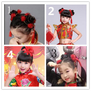 儿童舞蹈演出服中国舞表演头饰女幼儿园开门红喜庆民族舞头饰