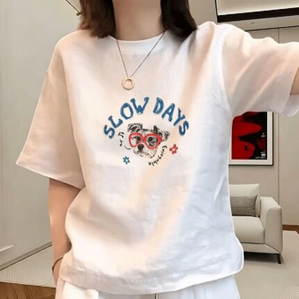 夏季韩版正肩100%纯棉圆领卡通印花短袖百搭宽松休闲小众上衣ins