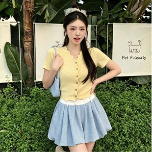 2026夏季短款法式新款女款黄色针织镂空显白显瘦气质V领开衫短袖