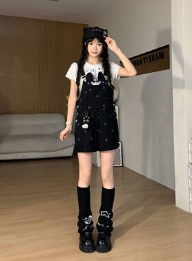 学院风小猫星星印花牛仔背带裤女2026夏季新款宽松小个子阔腿短裤
