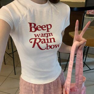白色插肩短袖T恤女夏季复古红色字母印花修身短款显瘦紧身上衣ins