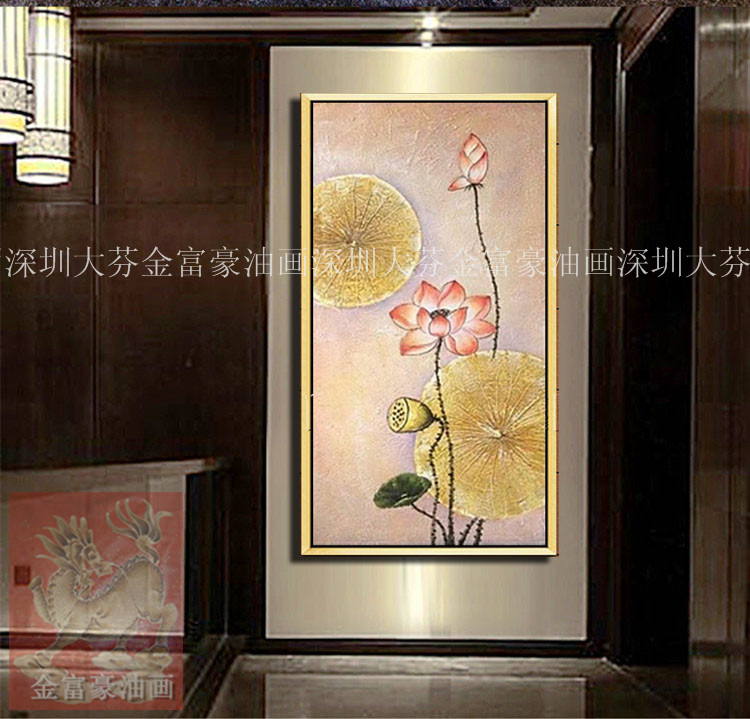 手绘东南亚风格装饰画有框画酒店家居会所玄关壁画荷花装饰挂画图片