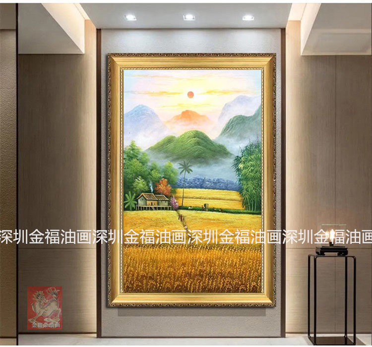 日出丰收图新中式手绘田园稻田竖版风景油画办公室家居酒店玄关_虎窝淘