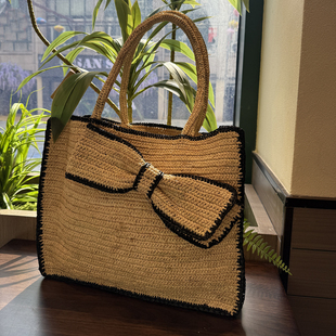 夏日蝴蝶结拉菲草草编托特包女大容量手工编织包度假风单肩手提包