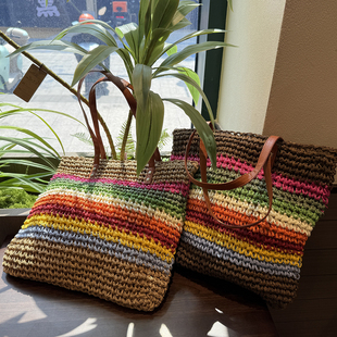彩虹条纹草编包女手提托特包编织百搭度假单肩包出游海边沙滩大包