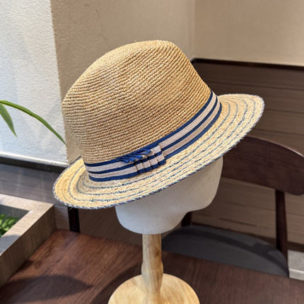 拉菲草帽女夏季平顶防晒遮阳帽度假条纹草编礼帽休闲爵士帽宽檐潮