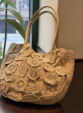 手工钩织拉菲草编织手提包花朵镂空度假风手工编织大包包女海边潮