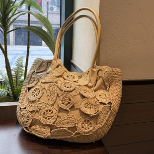 手工钩织拉菲草编织手提包花朵镂空度假风手工编织大包包女海边潮
