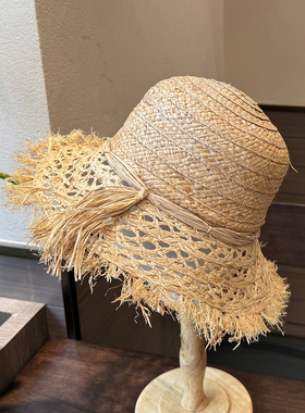 夏季拉菲草帽女宽檐镂空防晒遮阳帽度假沙滩毛边草编帽11cm大沿潮