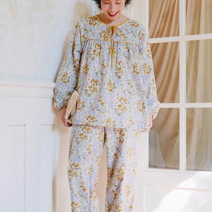 秋冬季女士全棉睡衣纯棉磨毛绒布圆领森系碎花长袖长裤家居服套装