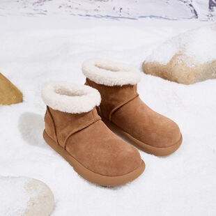 小码女鞋313233翻边加厚雪地靴女冬季加绒保暖短靴真皮羊羔毛棉靴