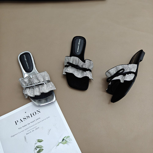 银色水钻蝴蝶结一字拖鞋平底凉拖