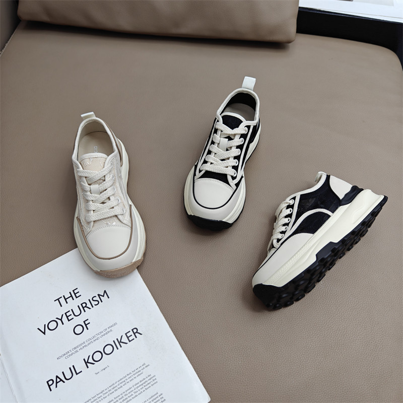 蕾丝网布超轻便休闲板鞋女2025年夏季百搭松糕厚底真皮系带运动鞋