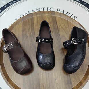 法式小众玛丽珍鞋女真皮一字扣带黑色小皮鞋2026新款平底芭蕾单鞋