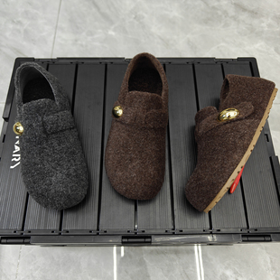 平底加绒毛呢勃肯鞋女2025新款冬季爆款灰色百搭一脚蹬魔术贴单鞋