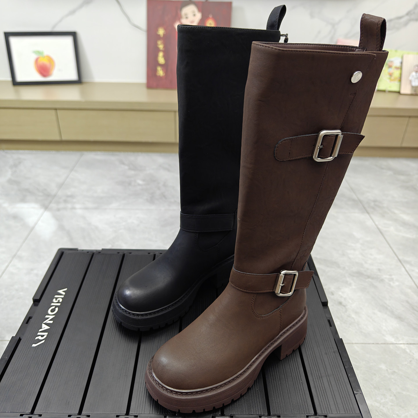 韩版超火皮带扣厚底骑士靴女2025冬季新款复古时髦爆款不过膝长靴,女鞋,骑士靴,淘宝优惠券,粉丝福利购,淘宝优惠卷