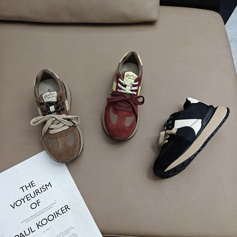 复古休闲运动鞋女2025新款小蛮腰显脚小拼色厚底华夫阿甘鞋老爹鞋