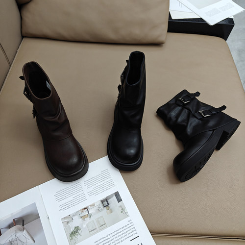 复古厚底烟筒裤管靴粗跟马丁靴女