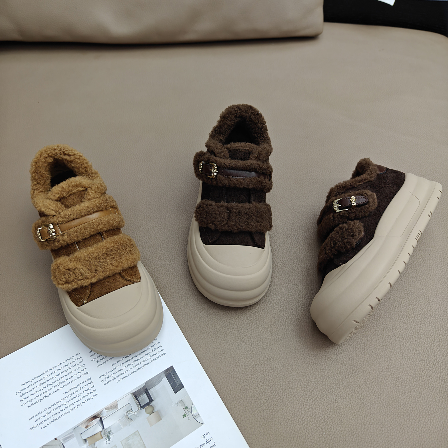 魔术贴毛毛棉鞋厚底显瘦加绒圆头